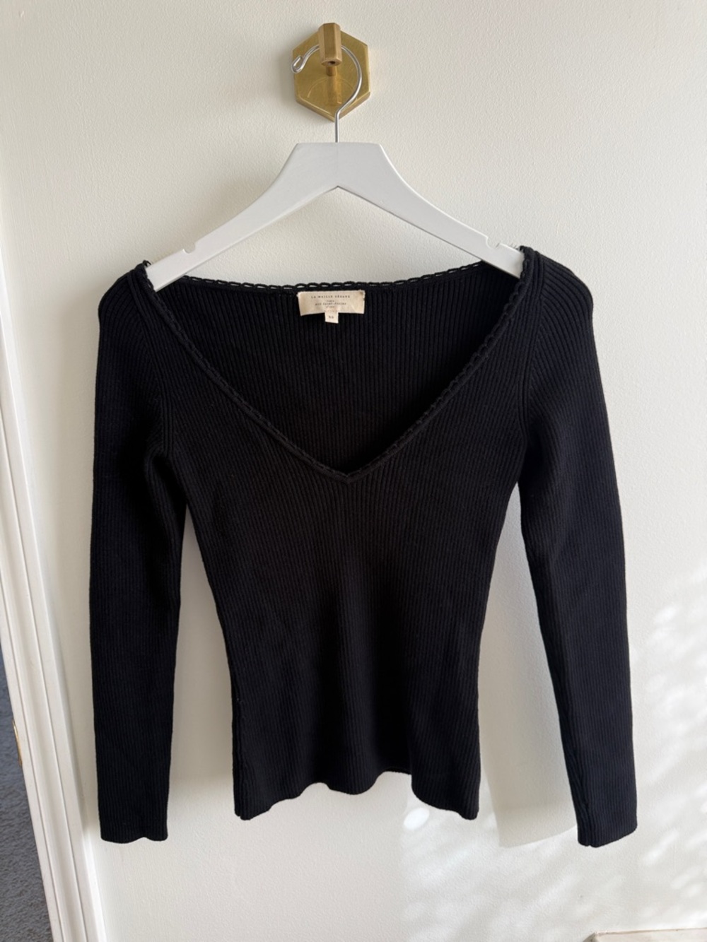 Sezane Black Ribbed V-Neck Long Sleeve Top